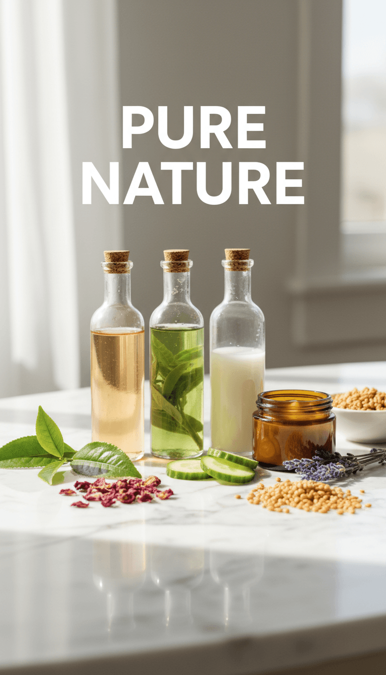 Natural skincare ingredients displayed in glass bottles with soft lighting