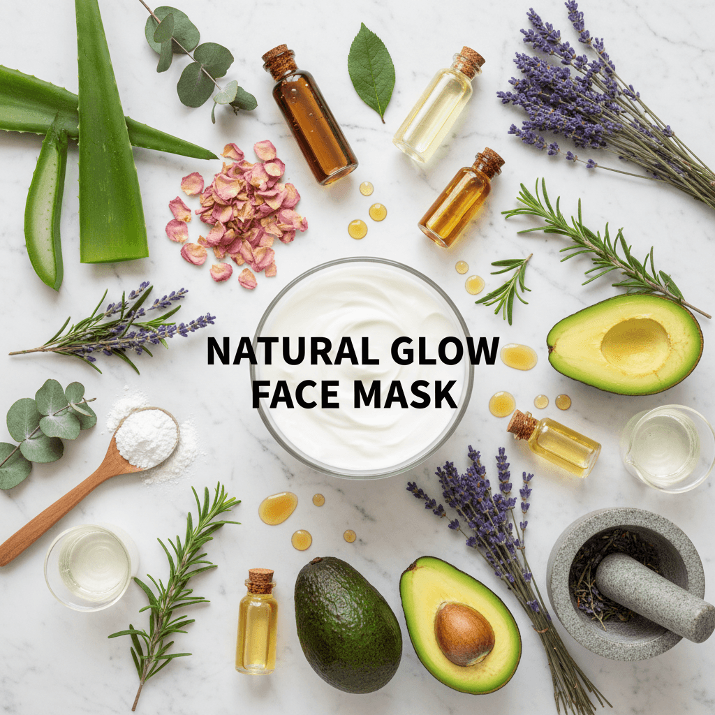 Natural skincare ingredients displayed with botanicals and essential oils