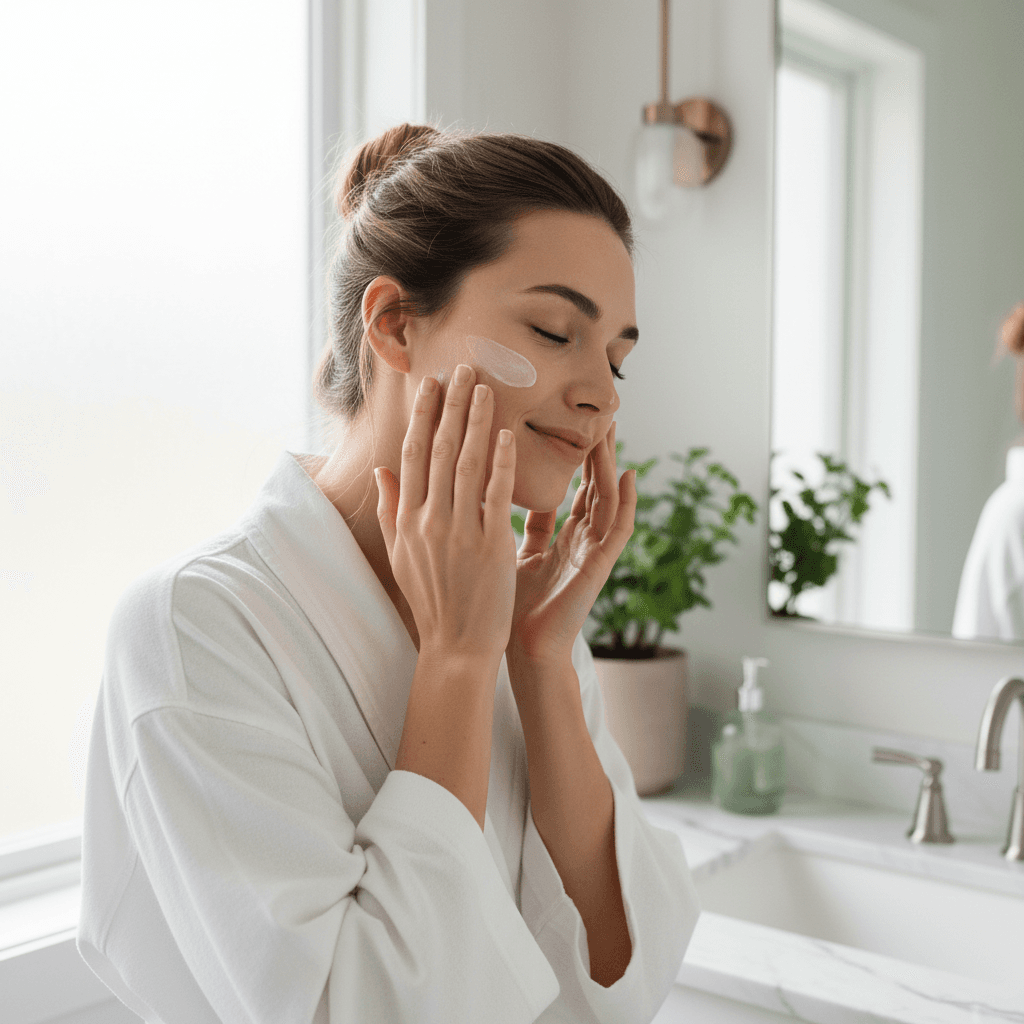 Woman applying natural face cream to skin