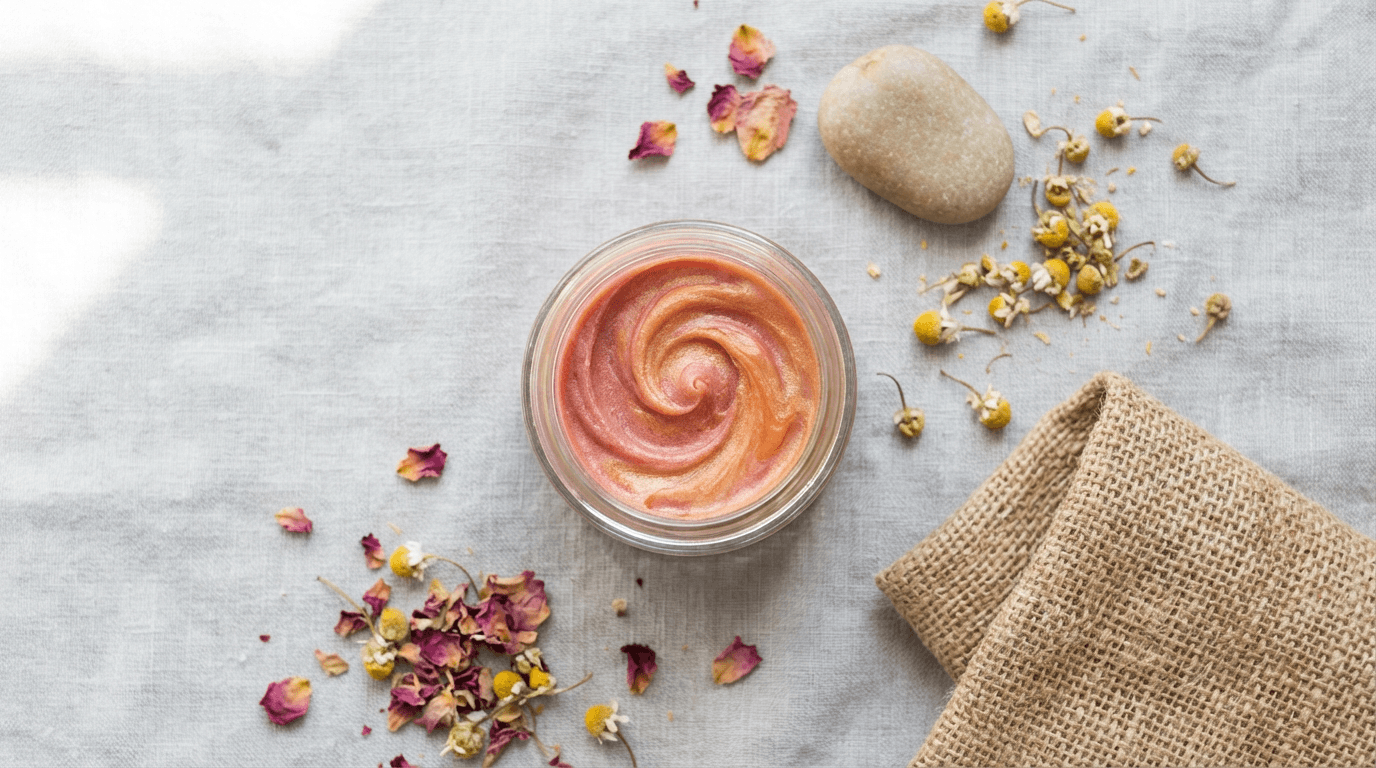Assortment of natural skincare products with botanical elements