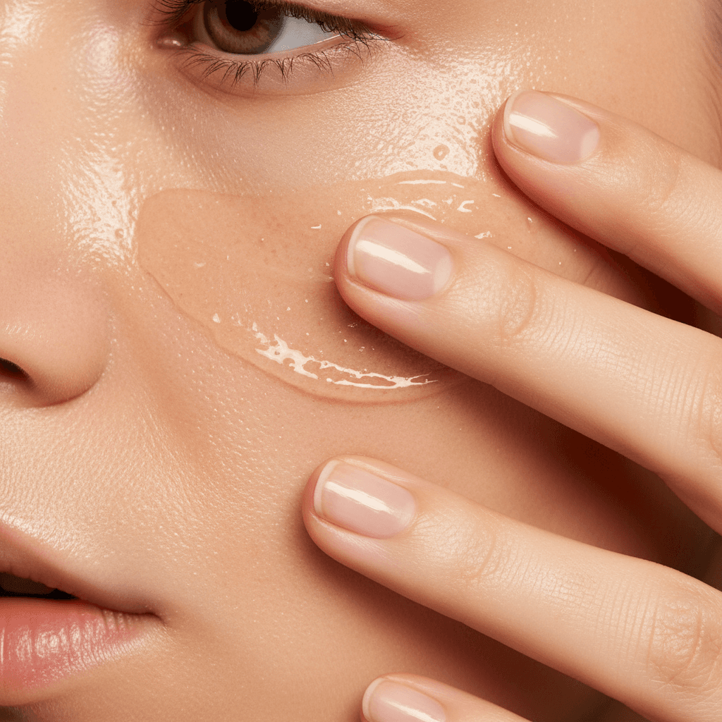 Close-up of moisturized skin with cream product