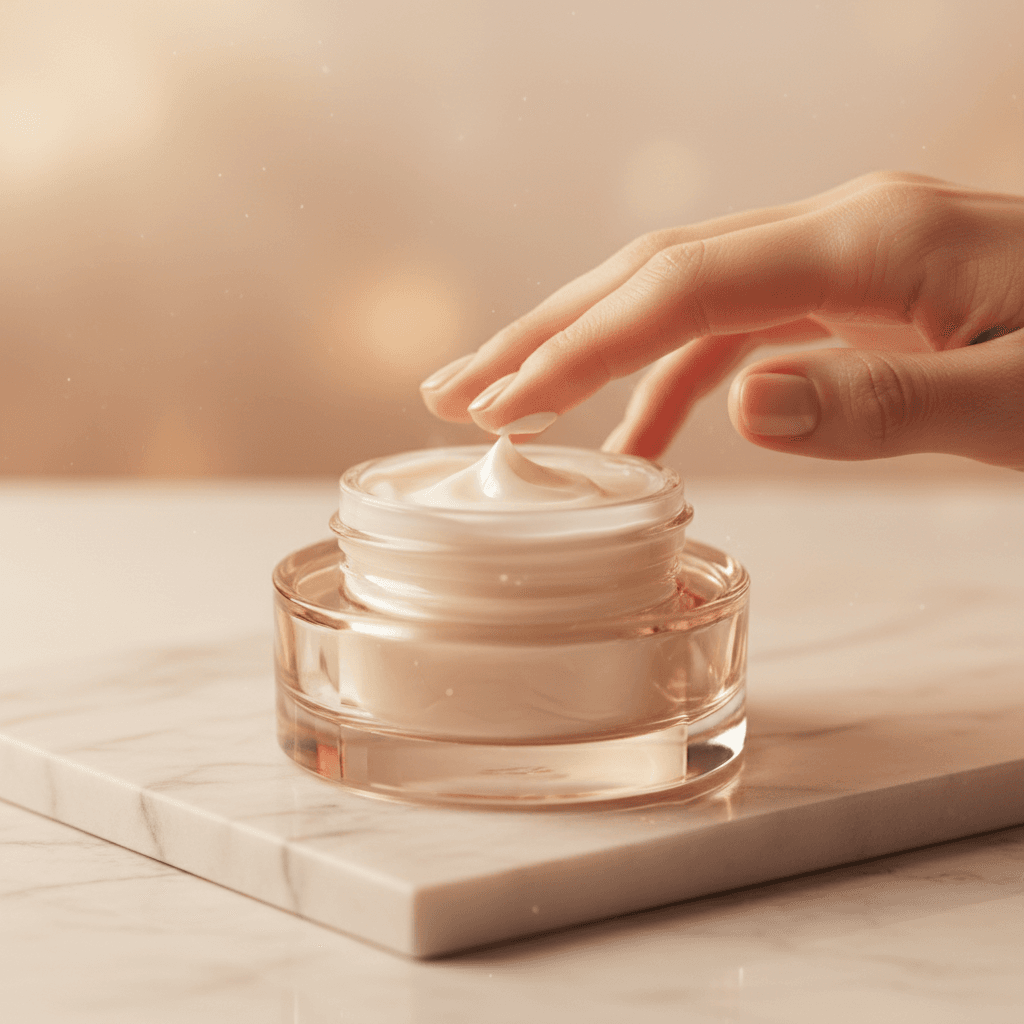 Woman examining face cream texture and consistency