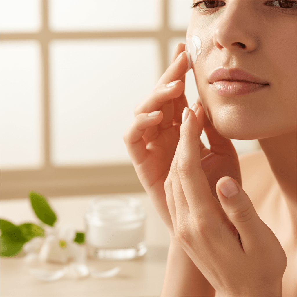 Woman applying face cream to her skin