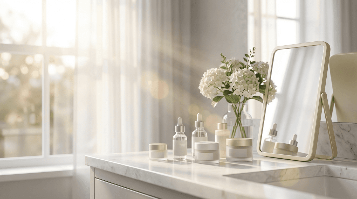 Curated collection of skincare products on bathroom counter