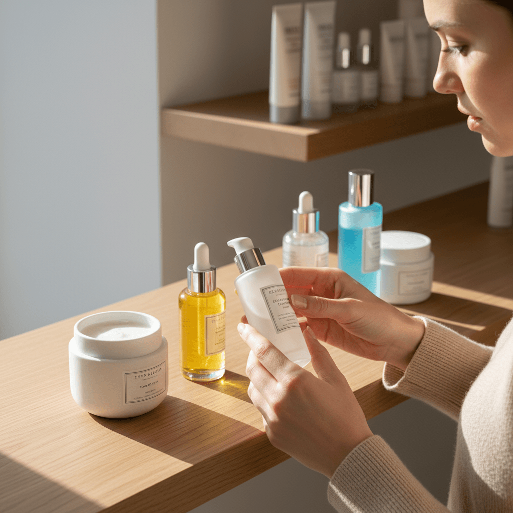 Customer reading skincare product information and details